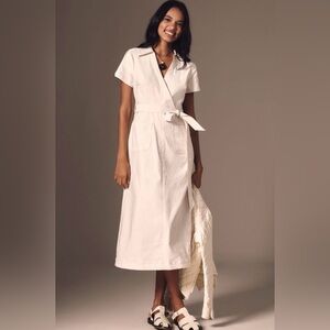 Maeve by Anthropologie Colette Dress Cream Linen Blend Pockets Belt Midi Dress L